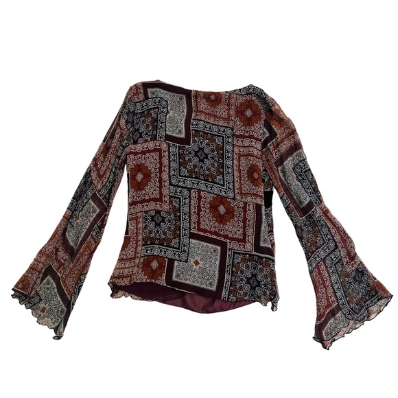 Y2K Blouse Fairy Long Sleeve Flared Silk Whimsigoth Boho Patterned Red Medium - Picture 5 of 8